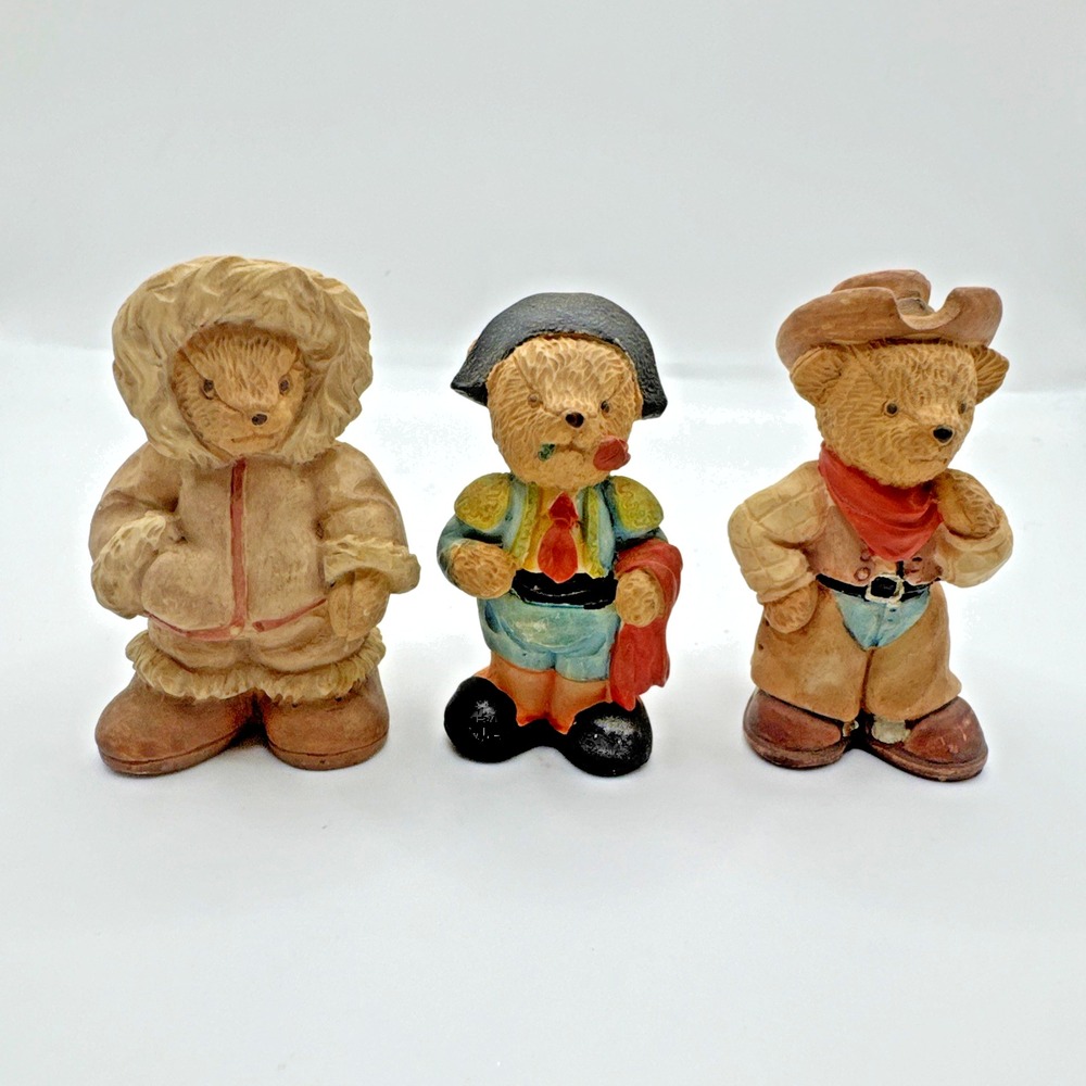 Lot of 3 Miniature Resin Bear Figurines Each Of Different Cultures